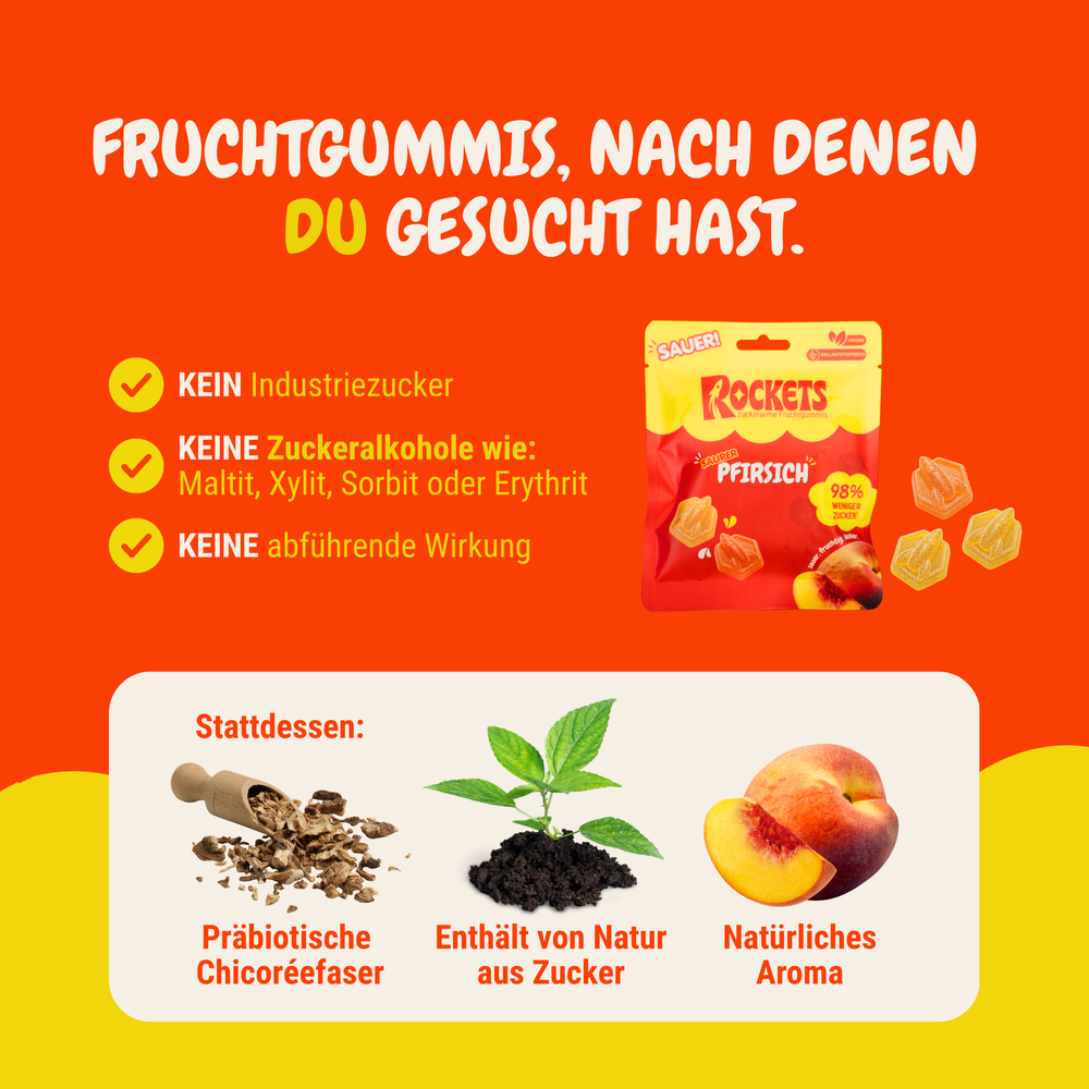 Sauer Pfirsich Gummies  – Fruchtgummis ohne Industriezucker & Süßstoffe, vegan, eigene Herstellung in Deutschland